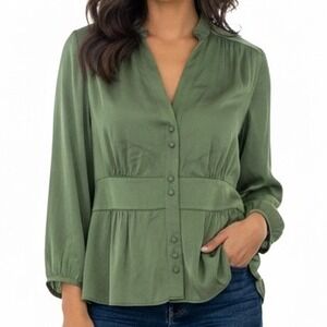Ann Taylor Green Button Front Peplum Blouse Top Women's Size 10